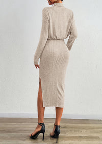 PRETTYGARDEN Turtle Neck Dresses for Women Fall Knit Outfits Slit Elastic Waist Long Sleeve Bodycon Midi Sweater Dress
