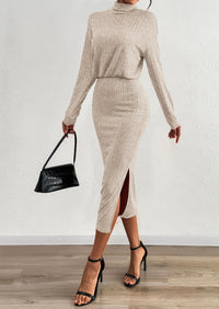 PRETTYGARDEN Turtle Neck Dresses for Women Fall Knit Outfits Slit Elastic Waist Long Sleeve Bodycon Midi Sweater Dress