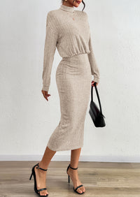 PRETTYGARDEN Turtle Neck Dresses for Women Fall Knit Outfits Slit Elastic Waist Long Sleeve Bodycon Midi Sweater Dress