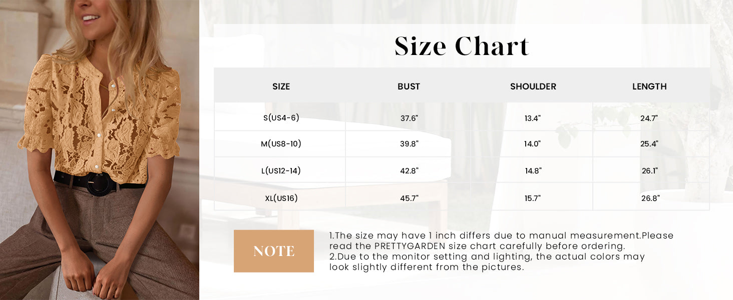 PRETTYGARDEN Womens Spring Lace Tops Short Puff Sleeve Casual Dressy Blouses Eyelet Crew Neck Button Down Shirts