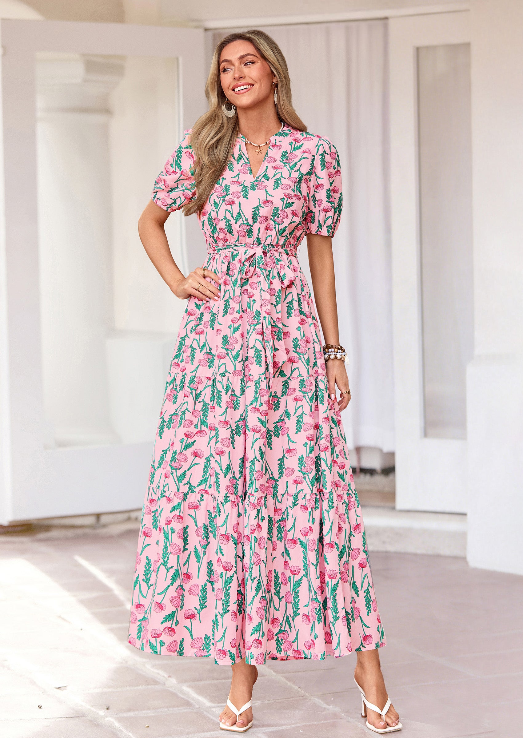 PRETTYGARDEN Women's Summer Maxi Dresses Boho Floral Short Sleeve V Neck Casual Wedding Guest 2026 Beach Vacation Outfits