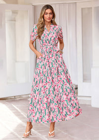 PRETTYGARDEN Women's Summer Maxi Dresses Boho Floral Short Sleeve V Neck Casual Wedding Guest 2026 Beach Vacation Outfits