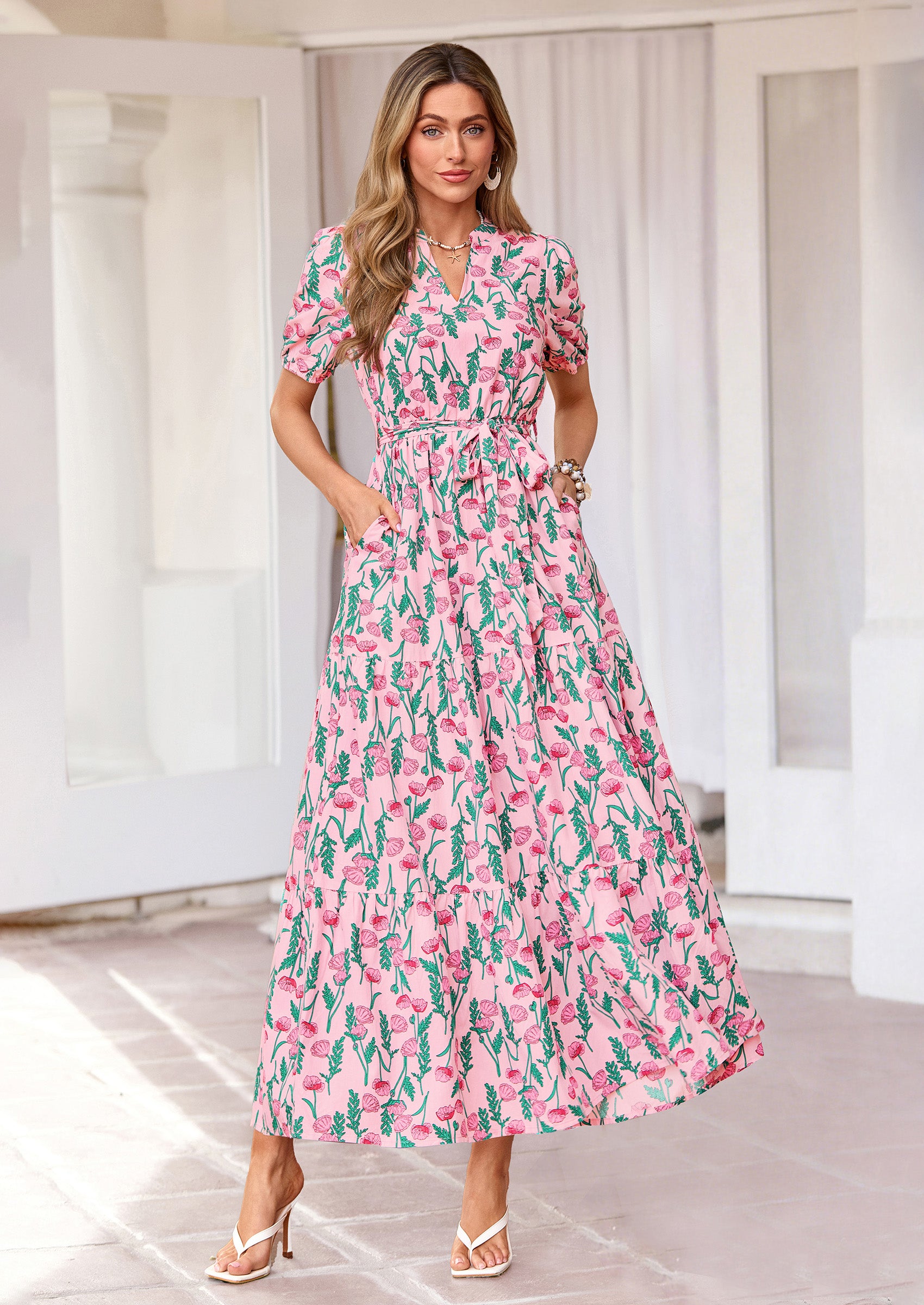 PRETTYGARDEN Women's Summer Maxi Dresses Boho Floral Short Sleeve V Neck Casual Wedding Guest 2026 Beach Vacation Outfits