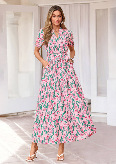 PRETTYGARDEN Women's Summer Maxi Dresses Boho Floral Short Sleeve V Neck Casual Wedding Guest 2026 Beach Vacation Outfits