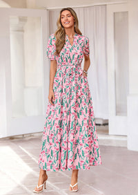 PRETTYGARDEN Women's Summer Maxi Dresses Boho Floral Short Sleeve V Neck Casual Wedding Guest 2026 Beach Vacation Outfits