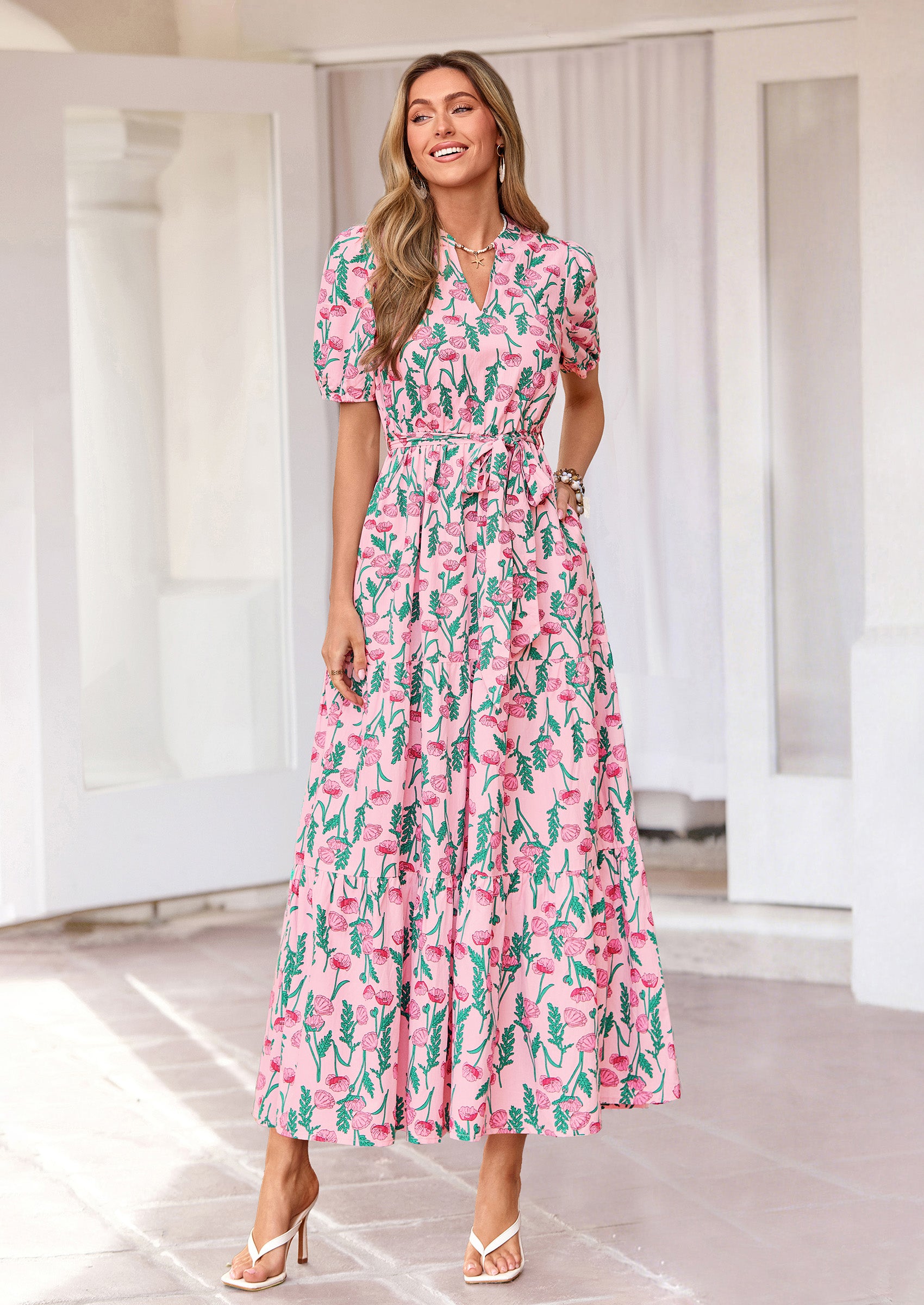 PRETTYGARDEN Women's Summer Maxi Dresses Boho Floral Short Sleeve V Neck Casual Wedding Guest 2026 Beach Vacation Outfits
