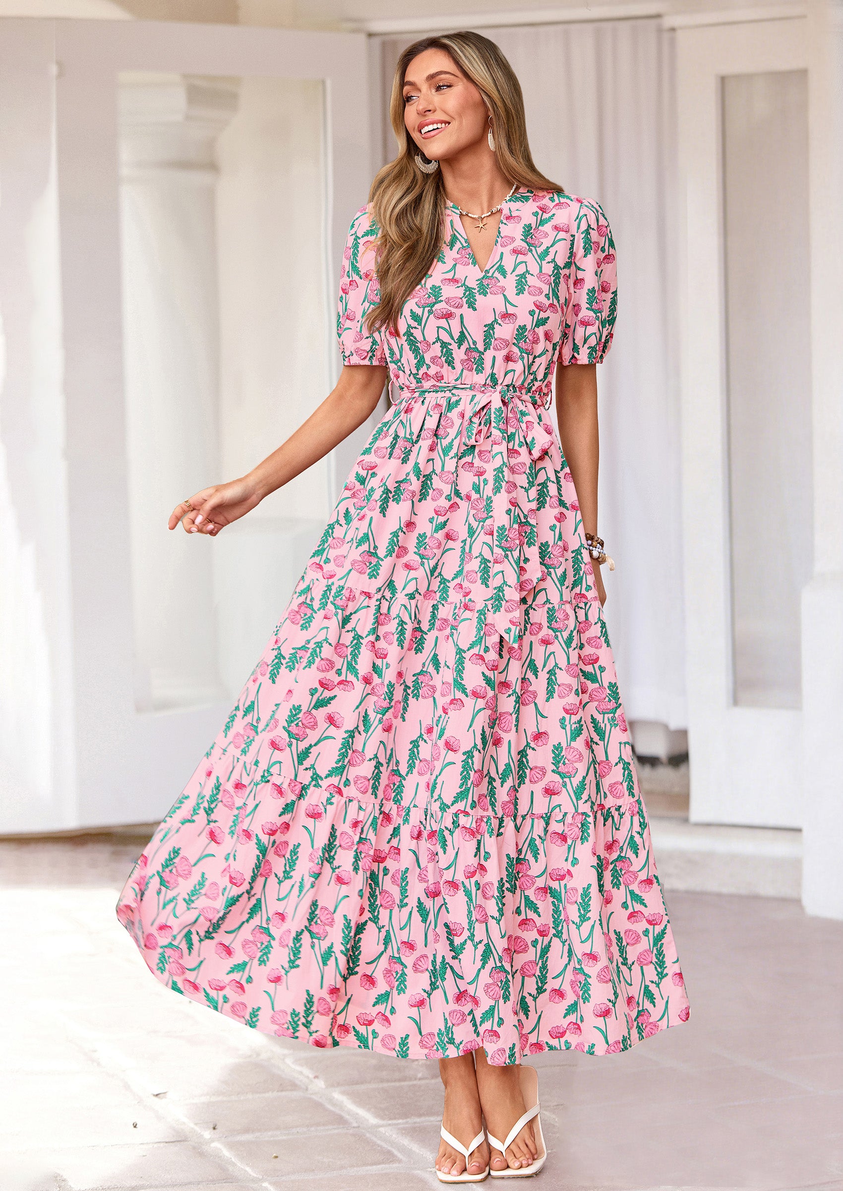 PRETTYGARDEN Women's Summer Maxi Dresses Boho Floral Short Sleeve V Neck Casual Wedding Guest 2026 Beach Vacation Outfits