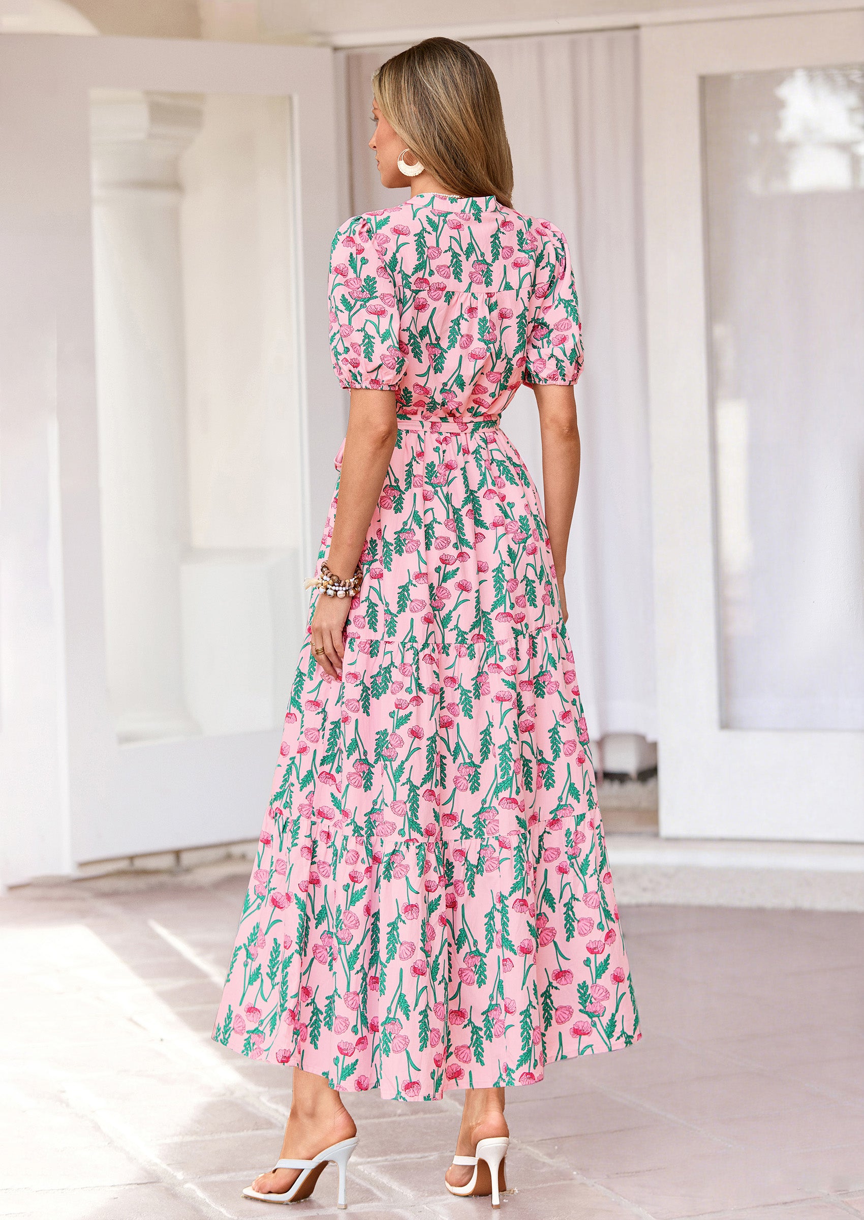 PRETTYGARDEN Women's Summer Maxi Dresses Boho Floral Short Sleeve V Neck Casual Wedding Guest 2026 Beach Vacation Outfits