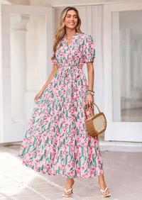 PRETTYGARDEN Women's Summer Maxi Dresses Boho Floral Short Sleeve V Neck Casual Wedding Guest 2026 Beach Vacation Outfits
