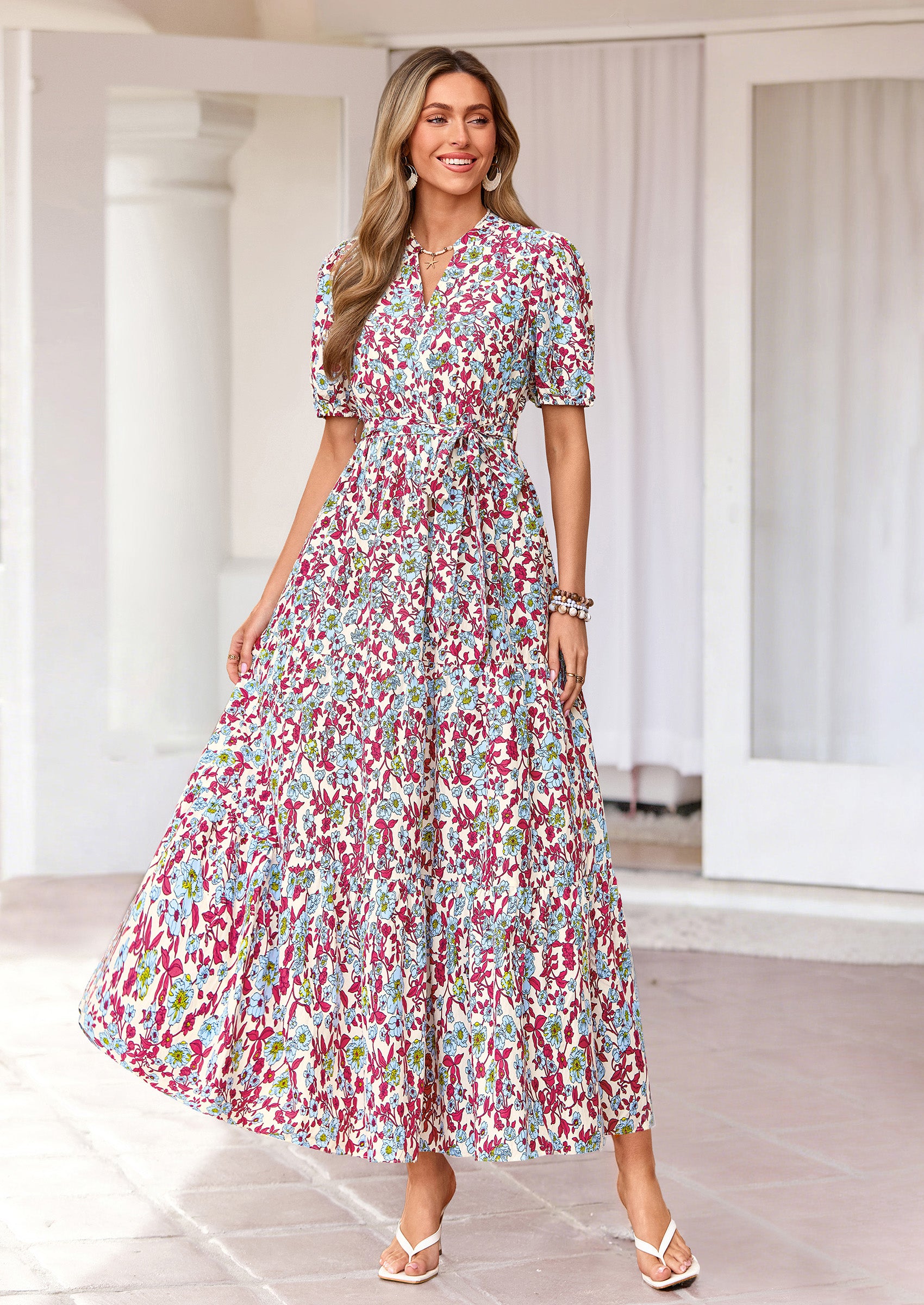 PRETTYGARDEN Women's Summer Maxi Dresses Boho Floral Short Sleeve V Neck Casual Wedding Guest 2026 Beach Vacation Outfits