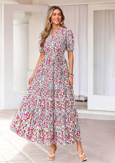 PRETTYGARDEN Women's Summer Maxi Dresses Boho Floral Short Sleeve V Neck Casual Wedding Guest 2026 Beach Vacation Outfits
