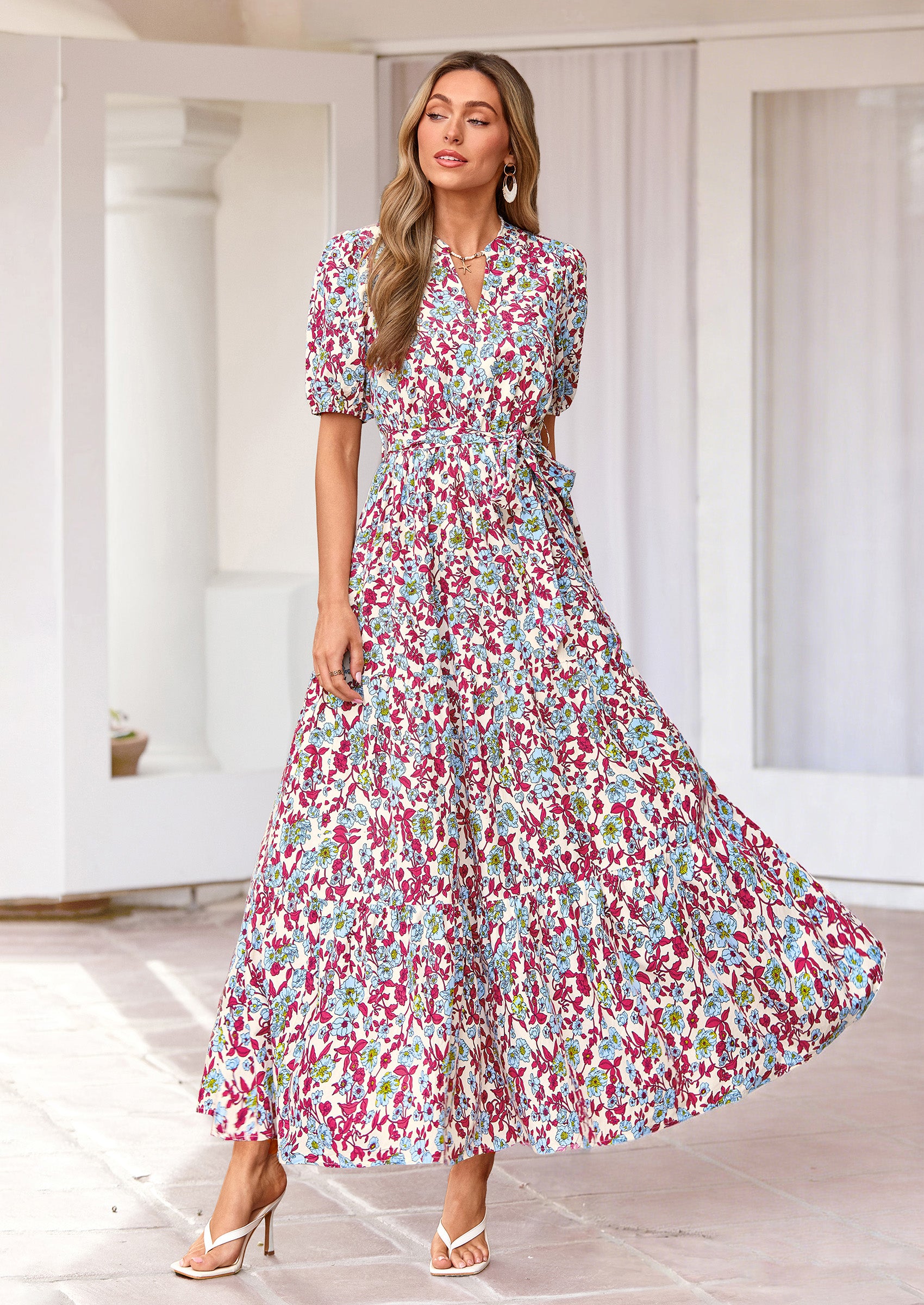 PRETTYGARDEN Women's Summer Maxi Dresses Boho Floral Short Sleeve V Neck Casual Wedding Guest 2026 Beach Vacation Outfits