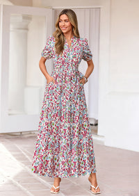 PRETTYGARDEN Women's Summer Maxi Dresses Boho Floral Short Sleeve V Neck Casual Wedding Guest 2026 Beach Vacation Outfits