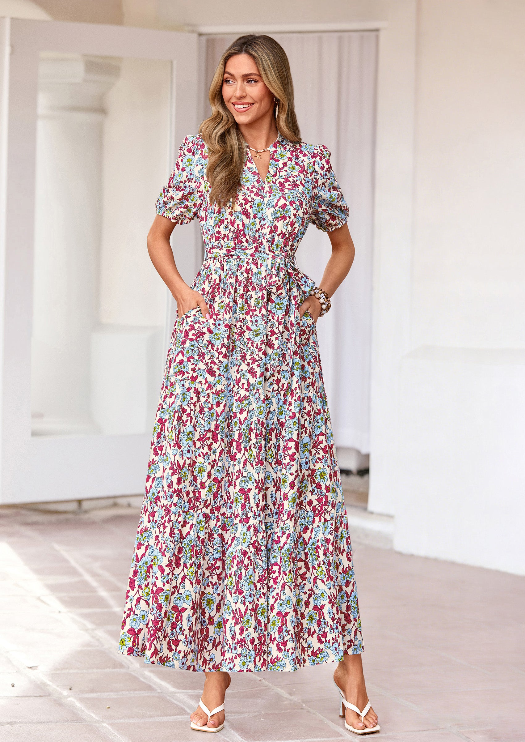 PRETTYGARDEN Women's Summer Maxi Dresses Boho Floral Short Sleeve V Neck Casual Wedding Guest 2026 Beach Vacation Outfits
