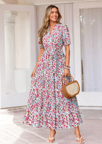 PRETTYGARDEN Women's Summer Maxi Dresses Boho Floral Short Sleeve V Neck Casual Wedding Guest 2026 Beach Vacation Outfits