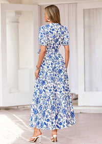 PRETTYGARDEN Women's Summer Maxi Dresses Boho Floral Short Sleeve V Neck Casual Wedding Guest 2026 Beach Vacation Outfits