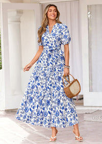 PRETTYGARDEN Women's Summer Maxi Dresses Boho Floral Short Sleeve V Neck Casual Wedding Guest 2026 Beach Vacation Outfits