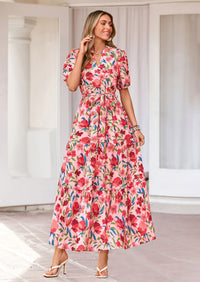 PRETTYGARDEN Women's Summer Maxi Dresses Boho Floral Short Sleeve V Neck Casual Wedding Guest 2026 Beach Vacation Outfits