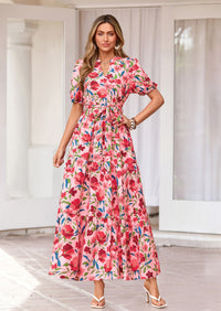 PRETTYGARDEN Women's Summer Maxi Dresses Boho Floral Short Sleeve V Neck Casual Wedding Guest 2026 Beach Vacation Outfits