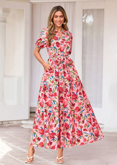 PRETTYGARDEN Women's Summer Maxi Dresses Boho Floral Short Sleeve V Neck Casual Wedding Guest 2026 Beach Vacation Outfits