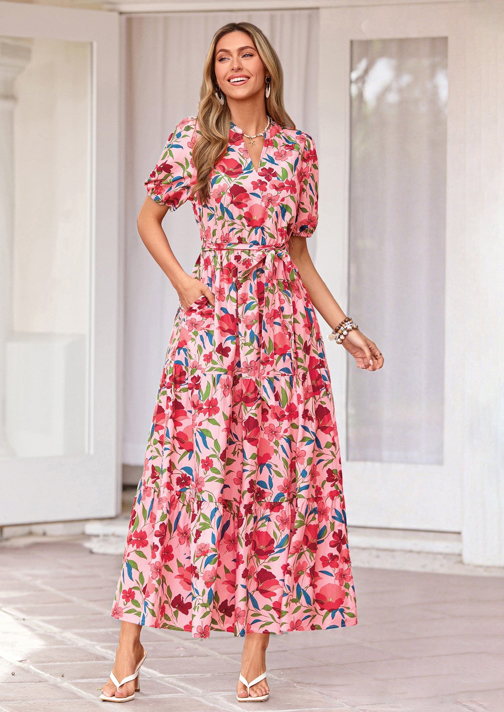 PRETTYGARDEN Women's Summer Maxi Dresses Boho Floral Short Sleeve V Neck Casual Wedding Guest 2026 Beach Vacation Outfits