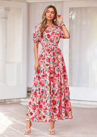 PRETTYGARDEN Women's Summer Maxi Dresses Boho Floral Short Sleeve V Neck Casual Wedding Guest 2026 Beach Vacation Outfits