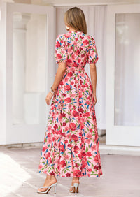 PRETTYGARDEN Women's Summer Maxi Dresses Boho Floral Short Sleeve V Neck Casual Wedding Guest 2026 Beach Vacation Outfits