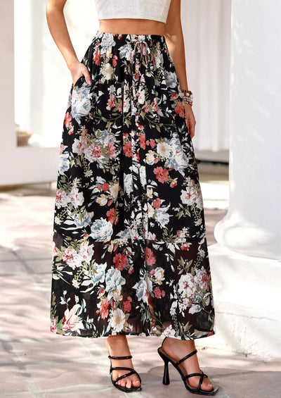 PRETTYGARDEN Summer Maxi Long Skirts for Women Trendy Boho Floral High Waisted Slit Flowy Travel Beach Vacation Clothes