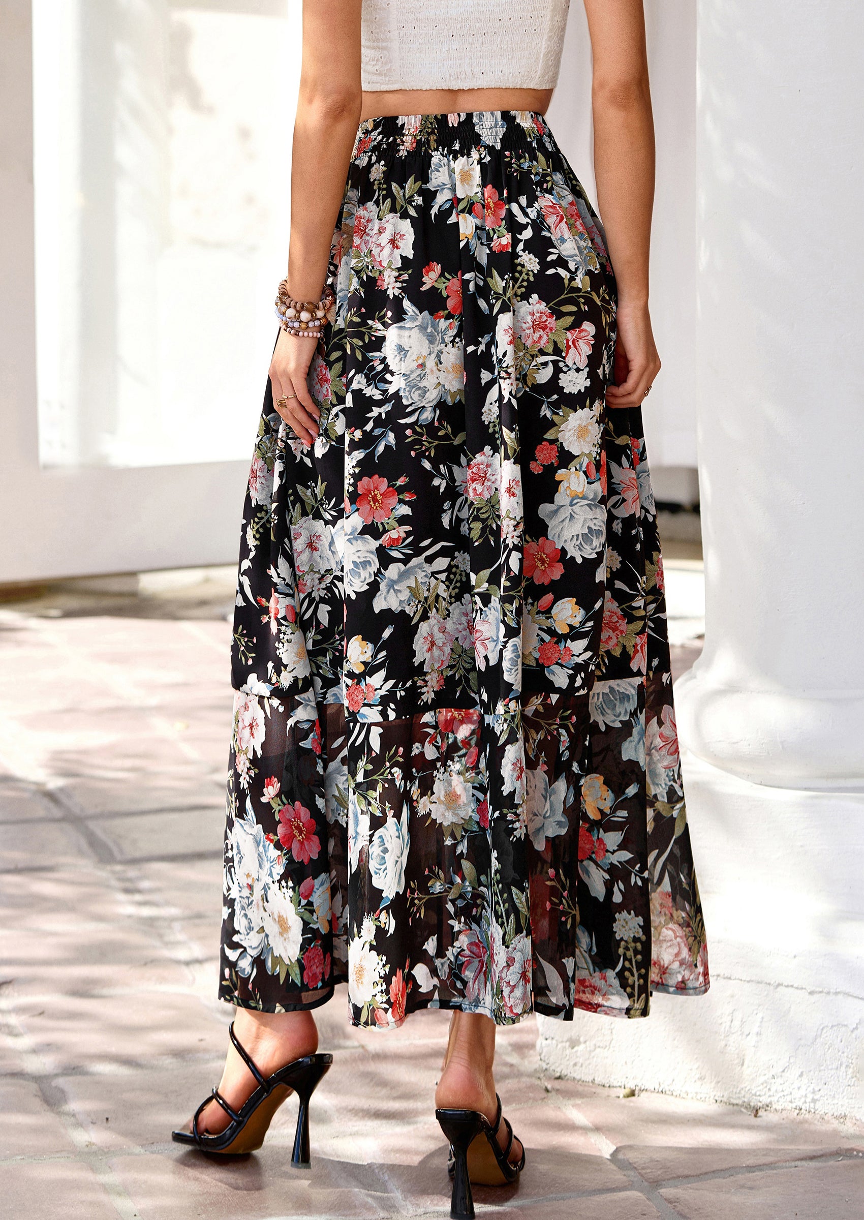 PRETTYGARDEN Summer Maxi Long Skirts for Women Trendy Boho Floral High Waisted Slit Flowy Travel Beach Vacation Clothes