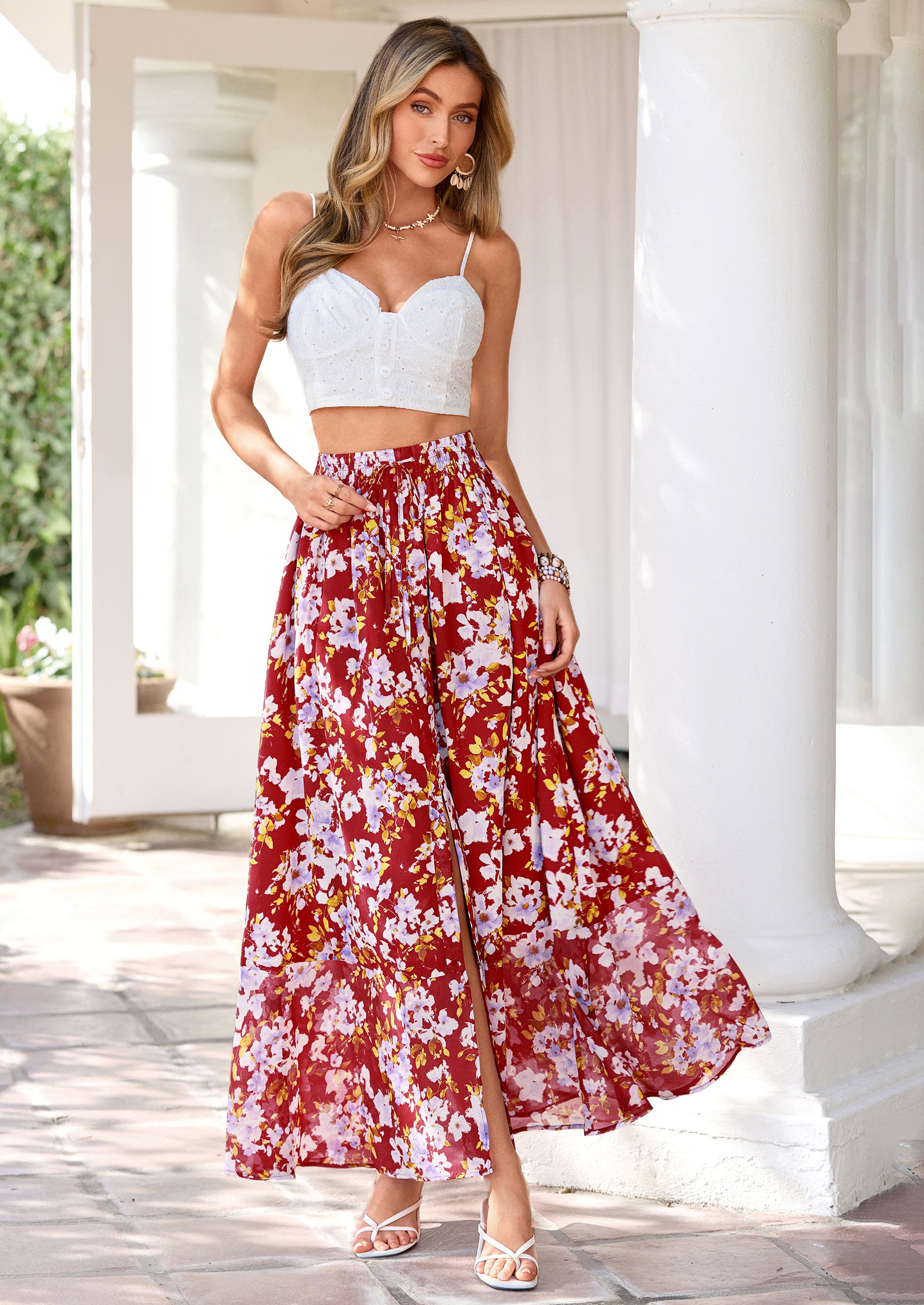 PRETTYGARDEN Summer Maxi Long Skirts for Women Trendy Boho Floral High Waisted Slit Flowy Travel Beach Vacation Clothes