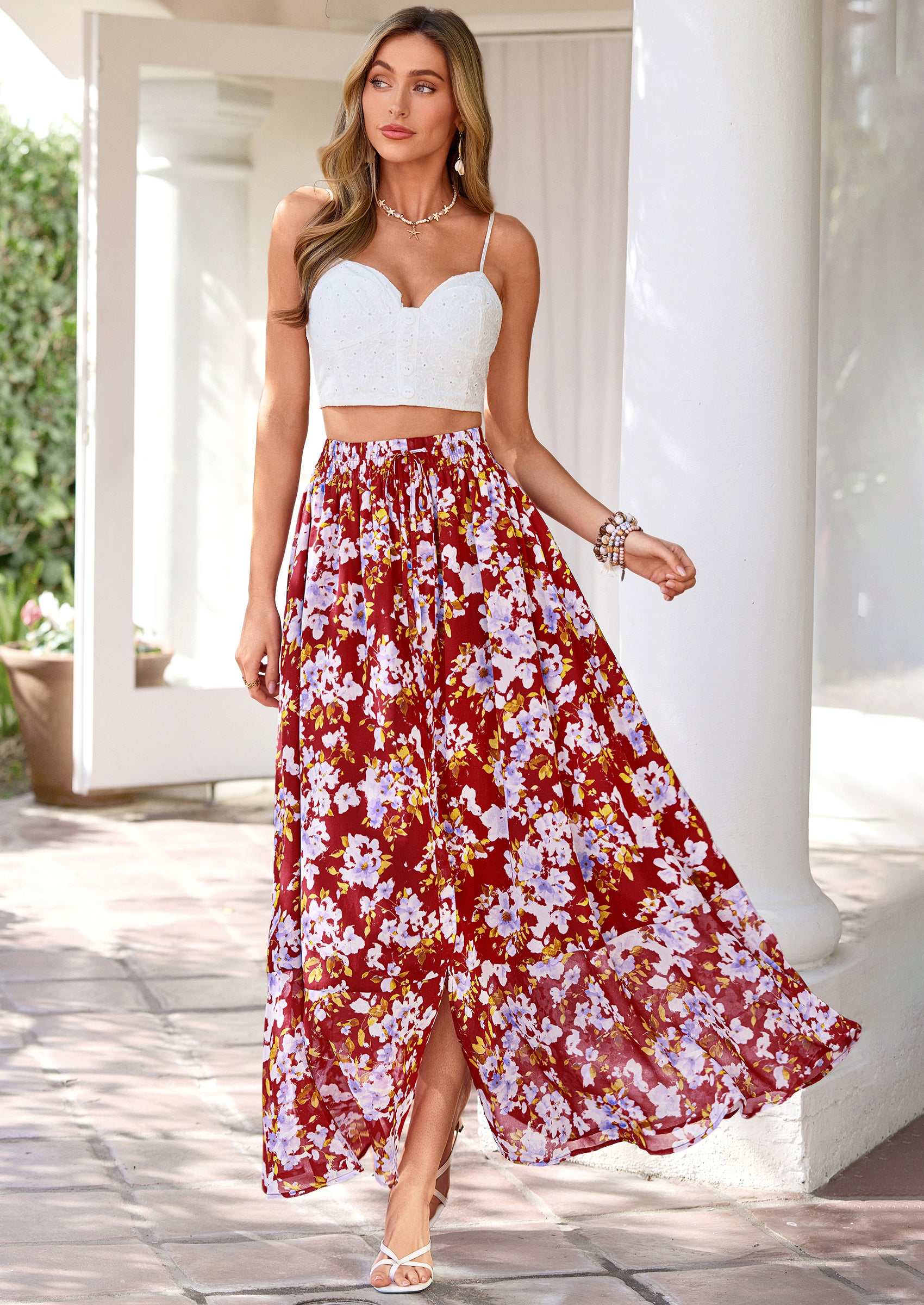 PRETTYGARDEN Summer Maxi Long Skirts for Women Trendy Boho Floral High Waisted Slit Flowy Travel Beach Vacation Clothes