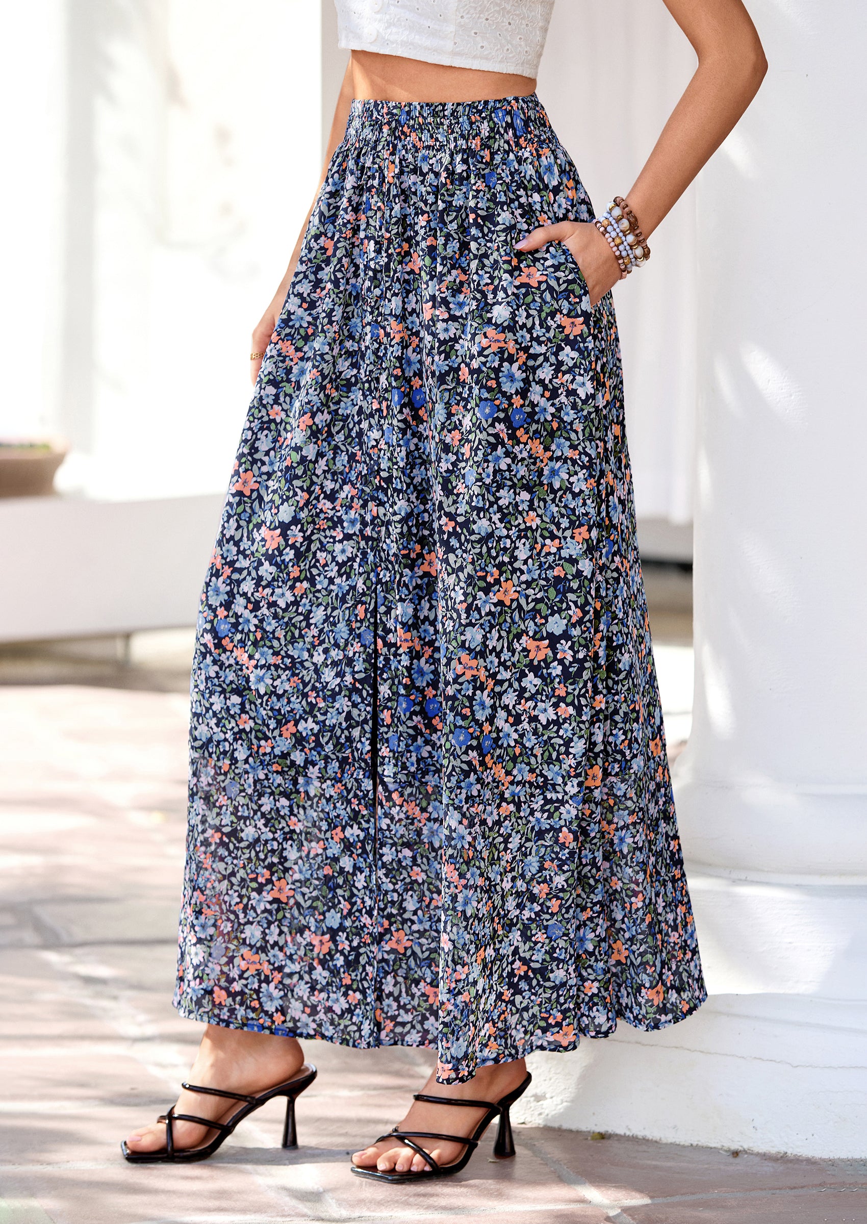 PRETTYGARDEN Summer Maxi Long Skirts for Women Trendy Boho Floral High Waisted Slit Flowy Travel Beach Vacation Clothes
