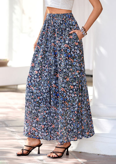 PRETTYGARDEN Summer Maxi Long Skirts for Women Trendy Boho Floral High Waisted Slit Flowy Travel Beach Vacation Clothes