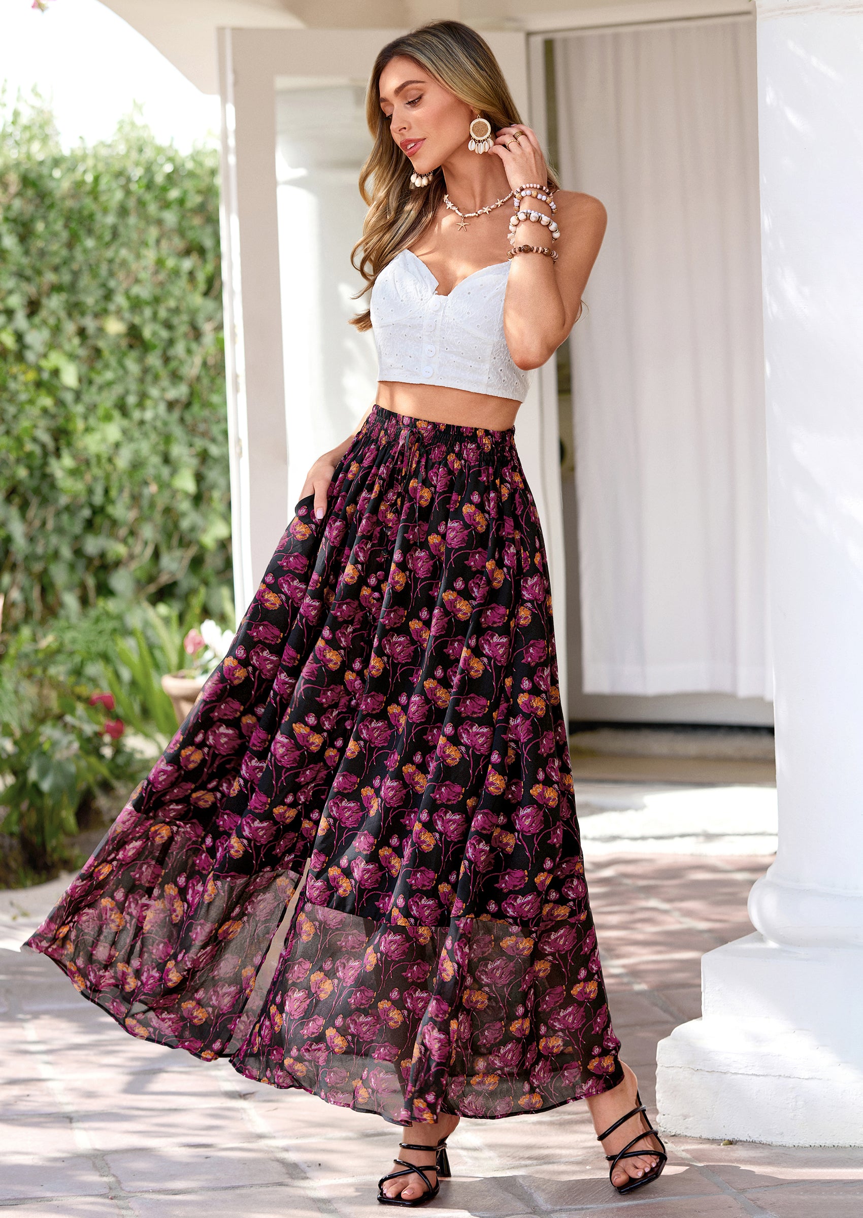 PRETTYGARDEN Summer Maxi Long Skirts for Women Trendy Boho Floral High Waisted Slit Flowy Travel Beach Vacation Clothes