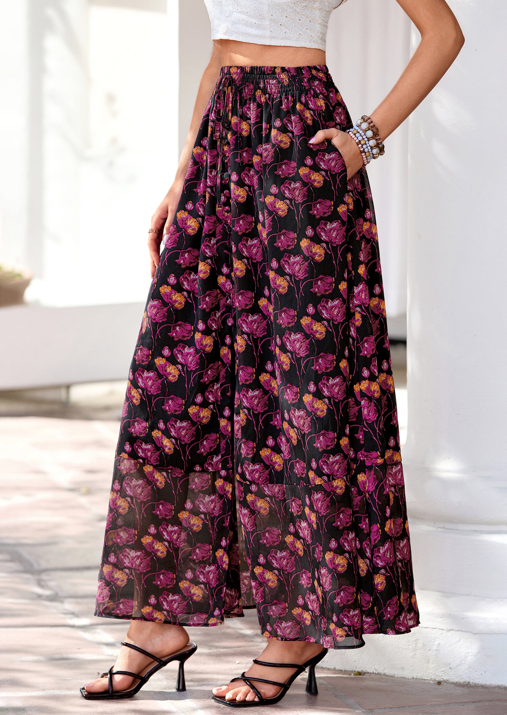 PRETTYGARDEN Summer Maxi Long Skirts for Women Trendy Boho Floral High Waisted Slit Flowy Travel Beach Vacation Clothes
