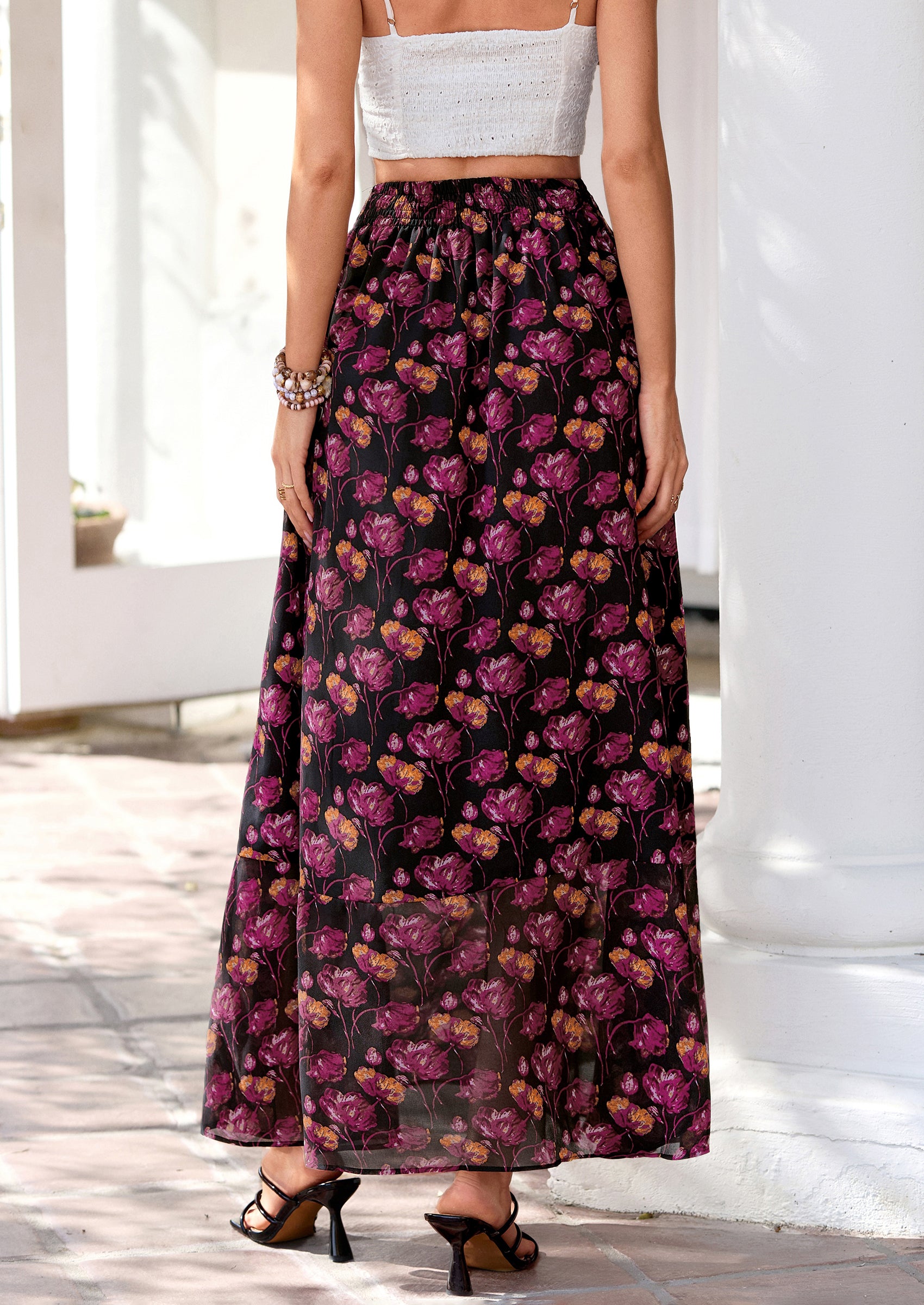 PRETTYGARDEN Summer Maxi Long Skirts for Women Trendy Boho Floral High Waisted Slit Flowy Travel Beach Vacation Clothes