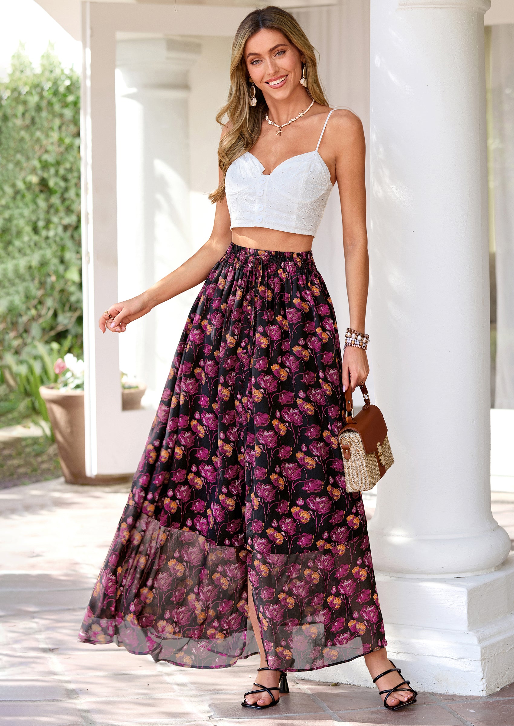 PRETTYGARDEN Summer Maxi Long Skirts for Women Trendy Boho Floral High Waisted Slit Flowy Travel Beach Vacation Clothes