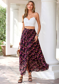 PRETTYGARDEN Summer Maxi Long Skirts for Women Trendy Boho Floral High Waisted Slit Flowy Travel Beach Vacation Clothes