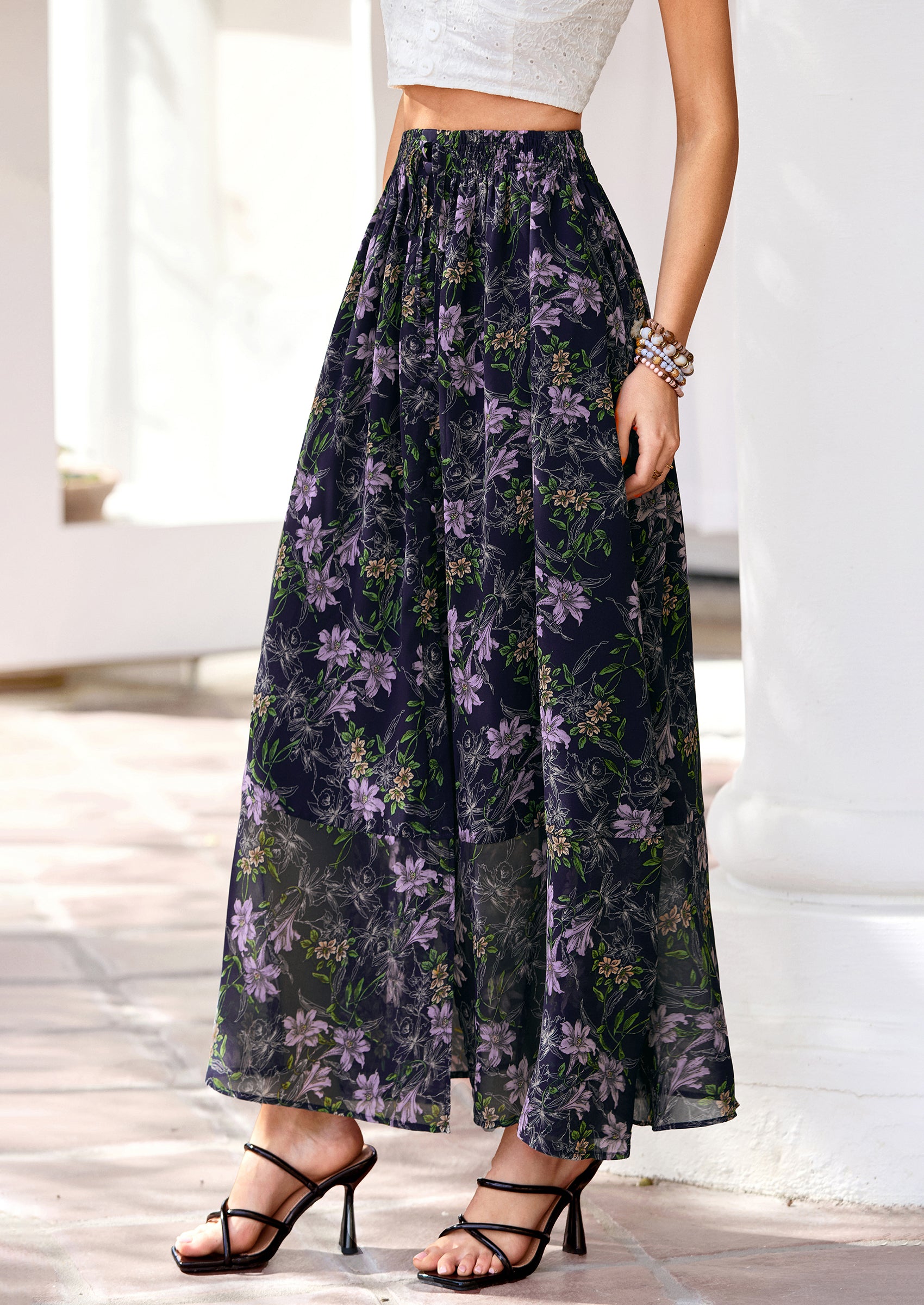 PRETTYGARDEN Summer Maxi Long Skirts for Women Trendy Boho Floral High Waisted Slit Flowy Travel Beach Vacation Clothes
