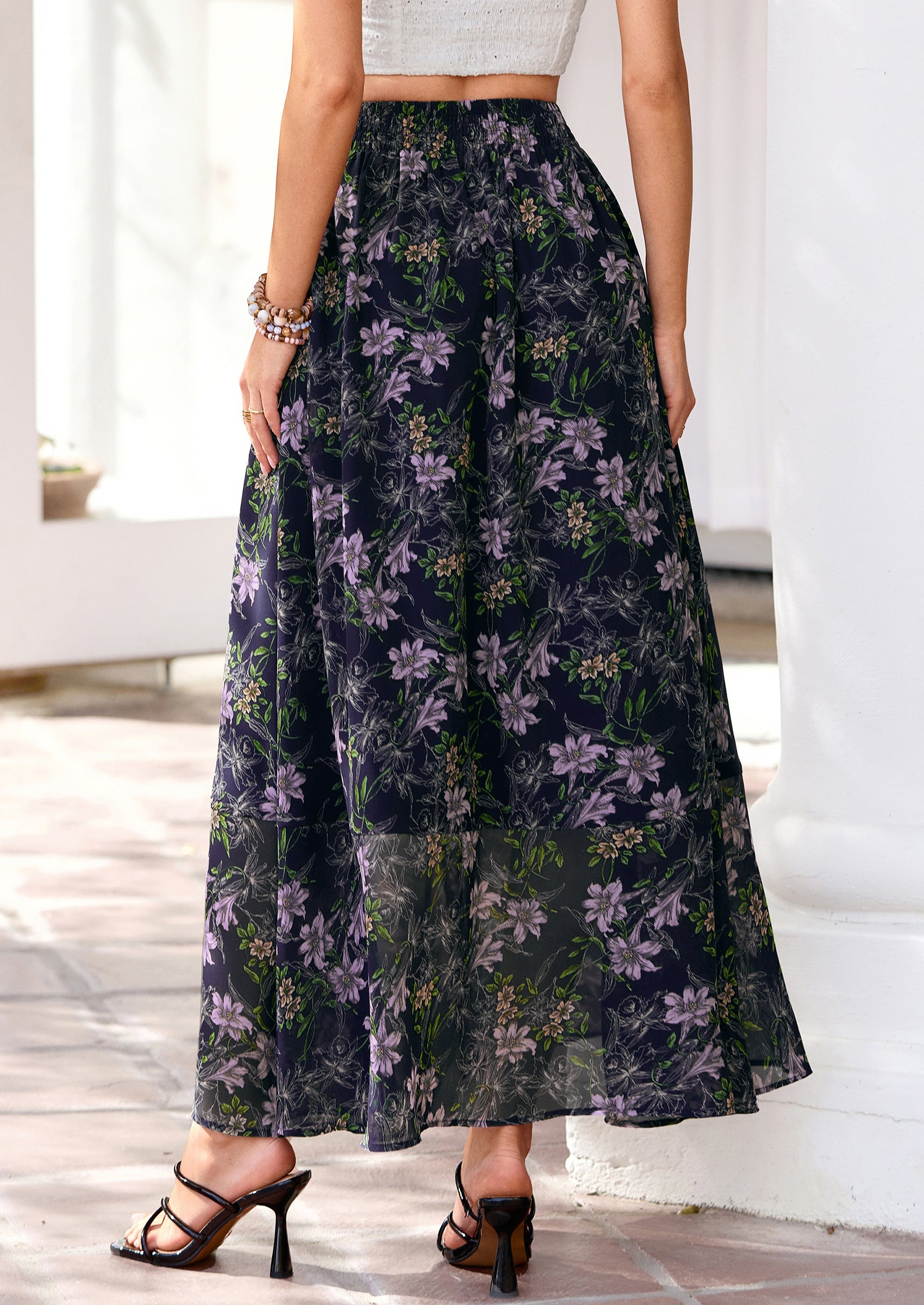 PRETTYGARDEN Summer Maxi Long Skirts for Women Trendy Boho Floral High Waisted Slit Flowy Travel Beach Vacation Clothes
