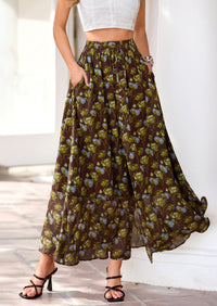 PRETTYGARDEN Summer Maxi Long Skirts for Women Trendy Boho Floral High Waisted Slit Flowy Travel Beach Vacation Clothes
