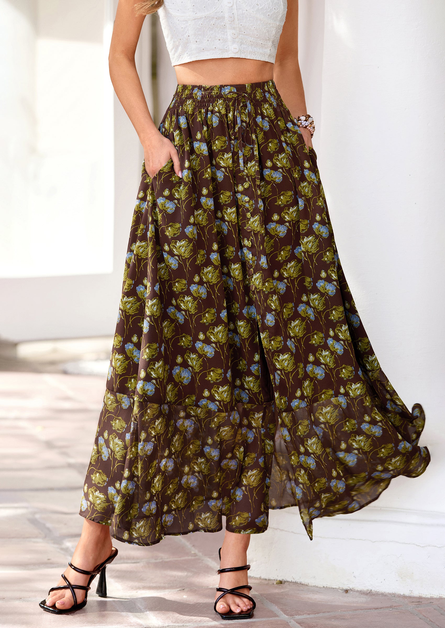 PRETTYGARDEN Summer Maxi Long Skirts for Women Trendy Boho Floral High Waisted Slit Flowy Travel Beach Vacation Clothes