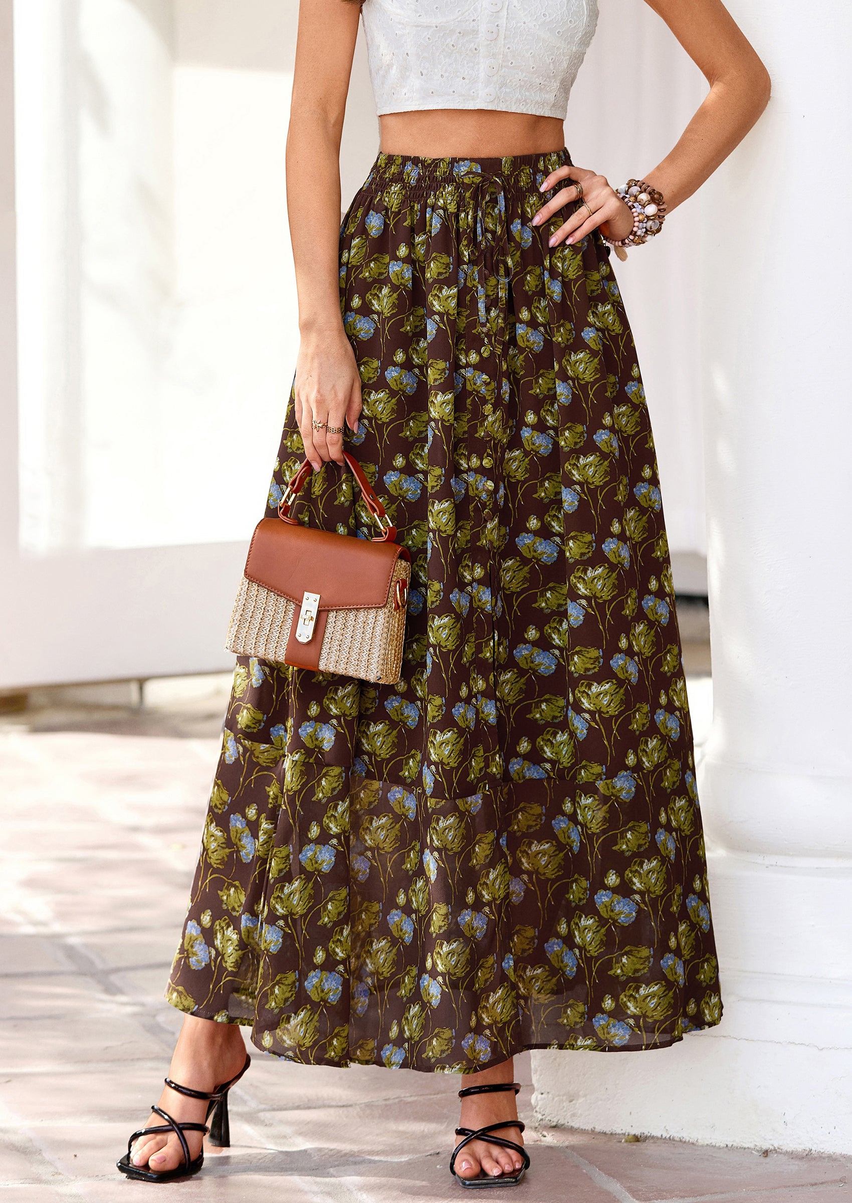 PRETTYGARDEN Summer Maxi Long Skirts for Women Trendy Boho Floral High Waisted Slit Flowy Travel Beach Vacation Clothes