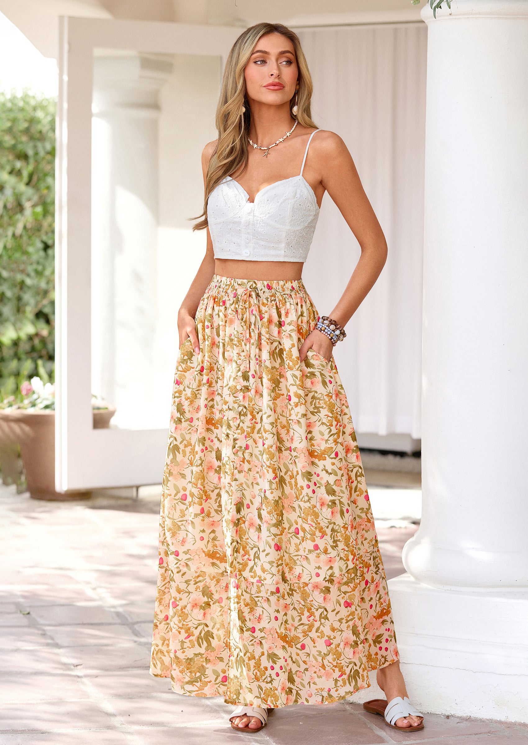 PRETTYGARDEN Summer Maxi Long Skirts for Women Trendy Boho Floral High Waisted Slit Flowy Travel Beach Vacation Clothes