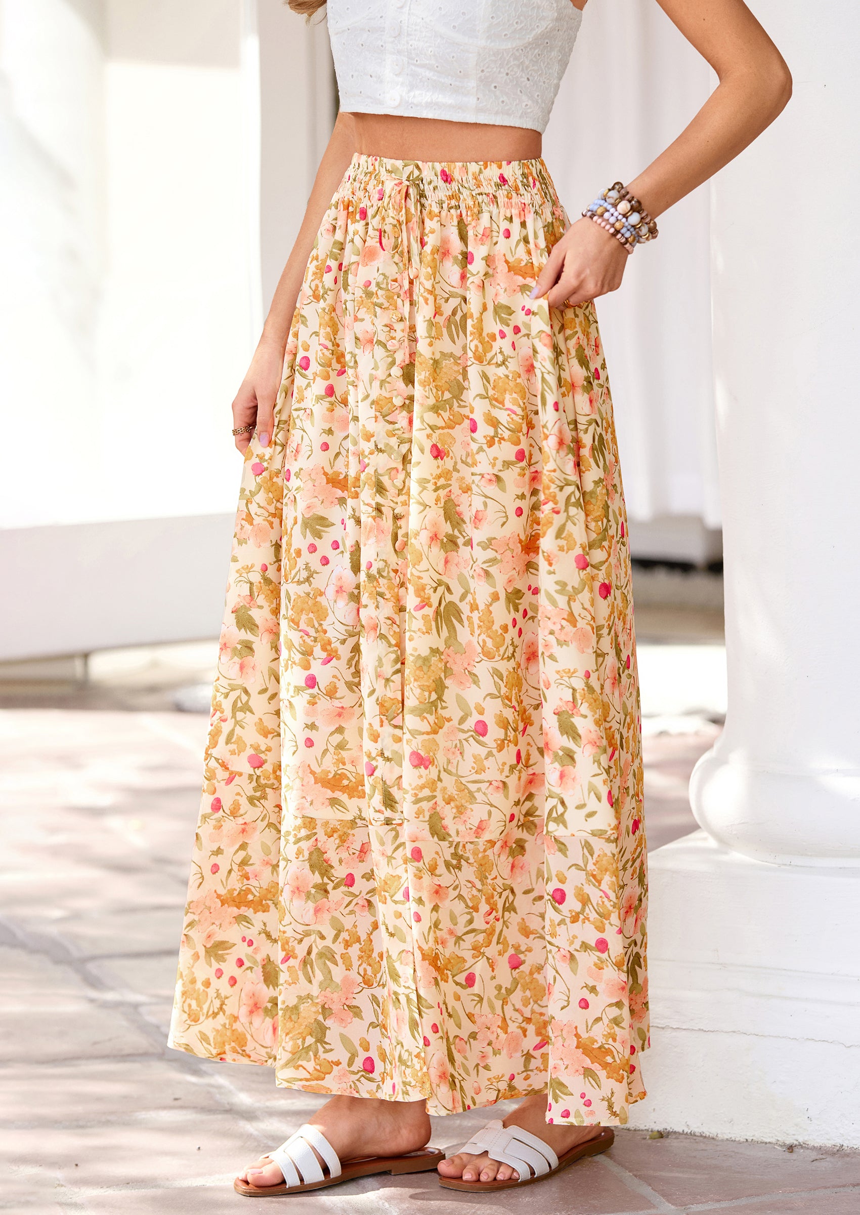 PRETTYGARDEN Summer Maxi Long Skirts for Women Trendy Boho Floral High Waisted Slit Flowy Travel Beach Vacation Clothes