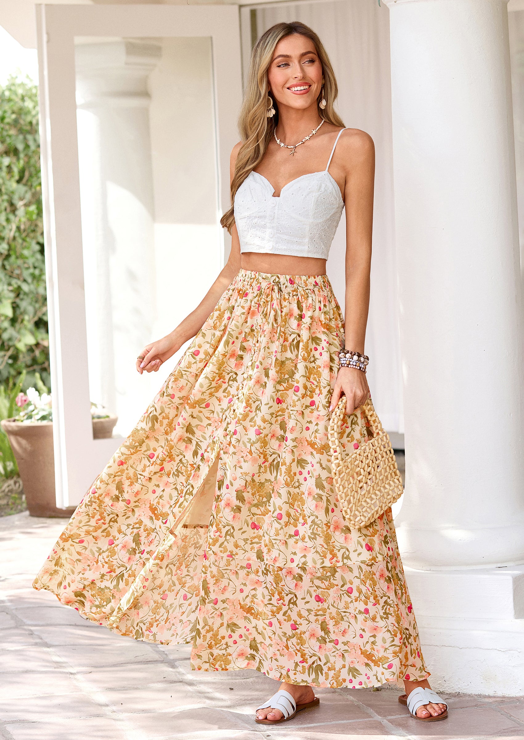 PRETTYGARDEN Summer Maxi Long Skirts for Women Trendy Boho Floral High Waisted Slit Flowy Travel Beach Vacation Clothes