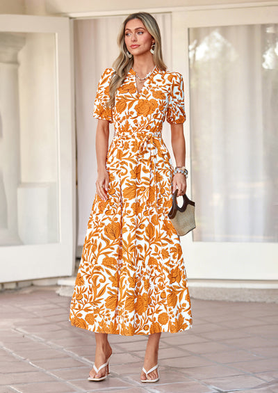 PRETTYGARDEN Women's Summer Maxi Dresses Boho Floral Short Sleeve V Neck Casual Wedding Guest 2026 Beach Vacation Outfits