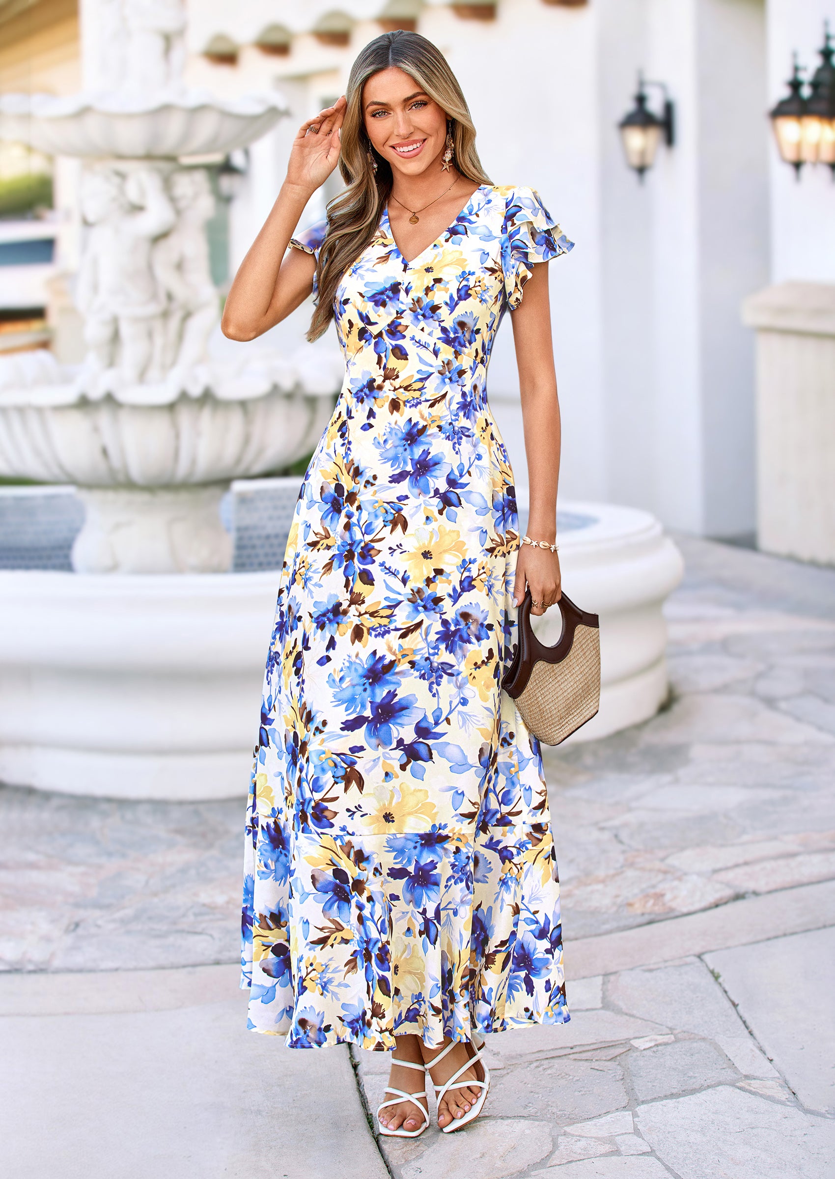 PRETTYGARDEN Wedding Guest Dresses for Women Spring Summer Short Sleeve Ruffle V Neck Floral Flowy Beach Maxi Long Dress