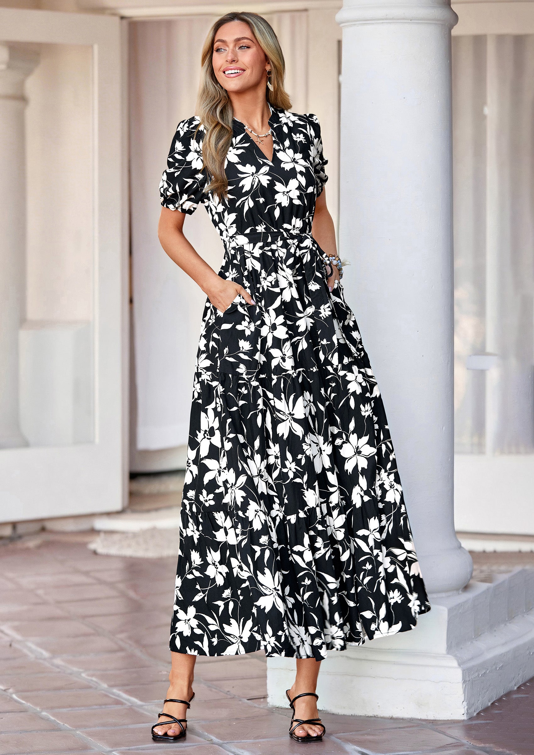 PRETTYGARDEN Women's Summer Maxi Dresses Boho Floral Short Sleeve V Neck Casual Wedding Guest 2026 Beach Vacation Outfits