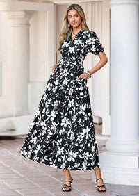 PRETTYGARDEN Women's Summer Maxi Dresses Boho Floral Short Sleeve V Neck Casual Wedding Guest 2026 Beach Vacation Outfits